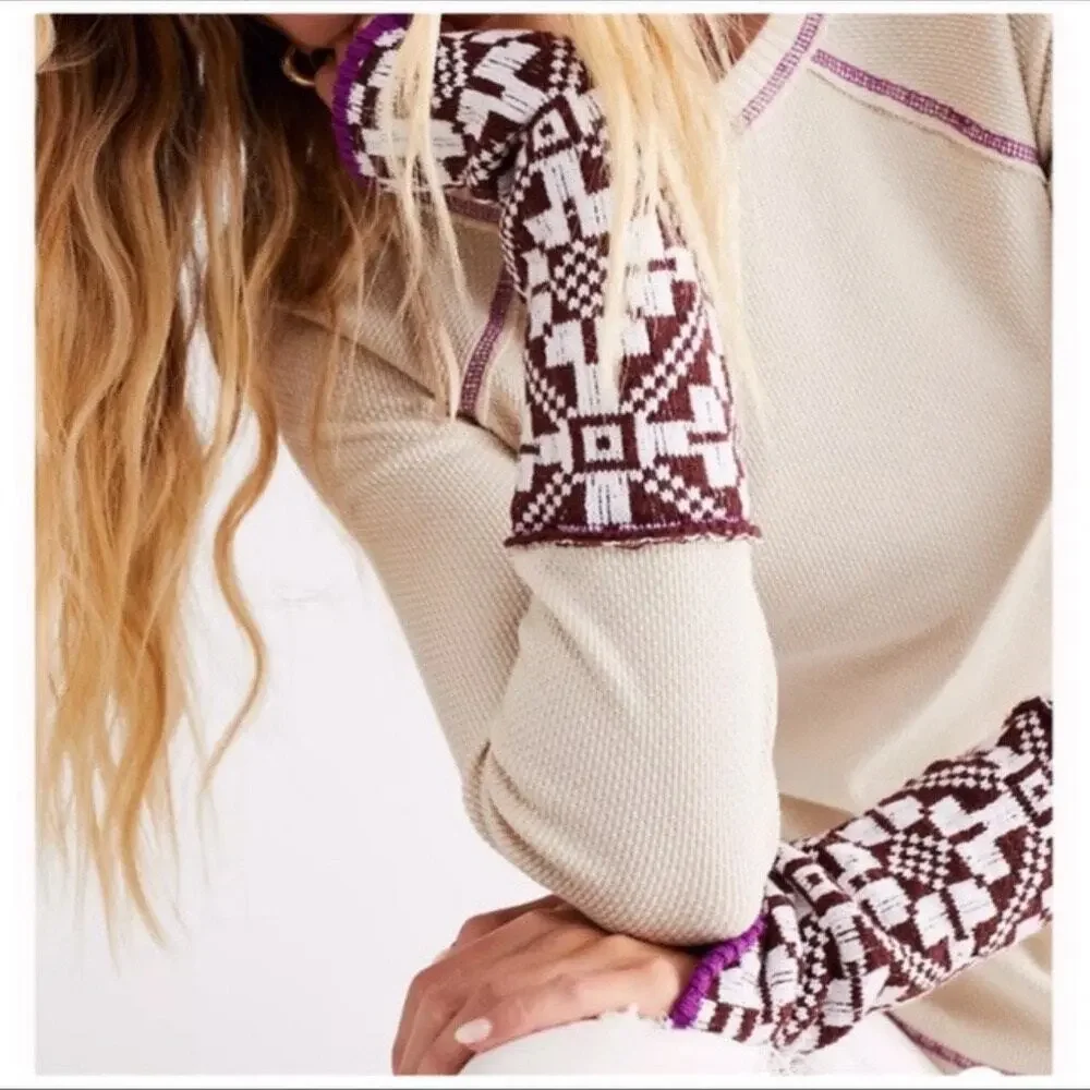 Free People She's Reversible Cuff Thermal Tee Oatmeal Size Small Bohemian